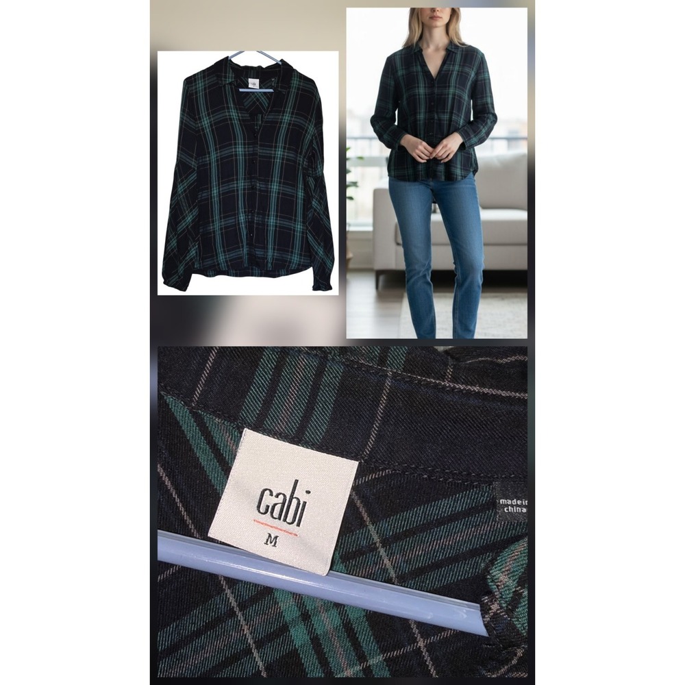 CAbi Top Womens Size M‎  Fall Green Plaid Button Up Viscose Style 3769 Casual